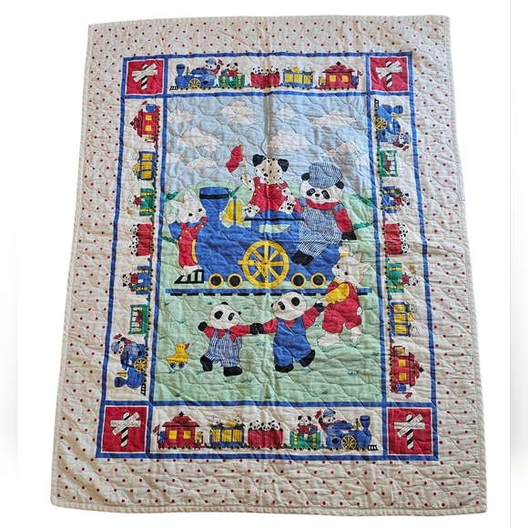 Vintage Handmade Panda Bear Train Conductor Quilted Baby Blanket